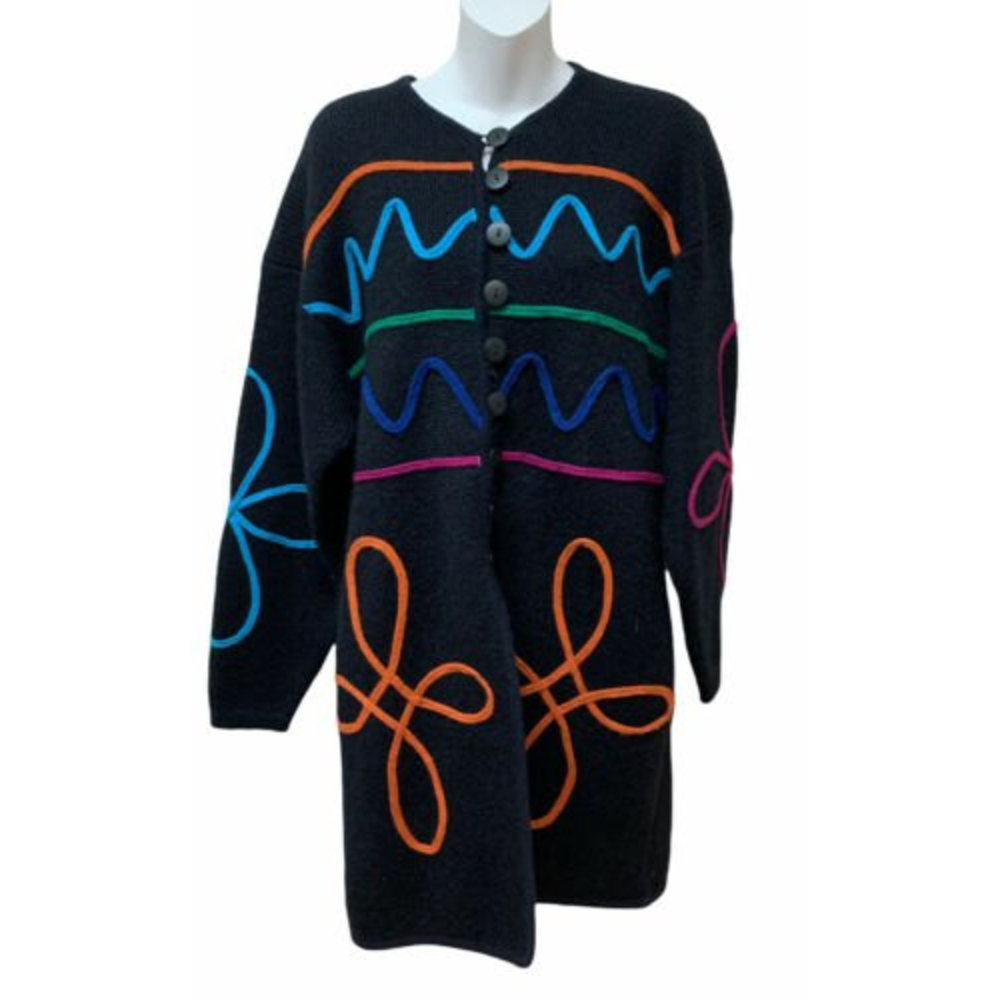 Vtg Le Chois Wool Blend Long Duster Cardigan Sweater Colorful Ribbon Art to Wear